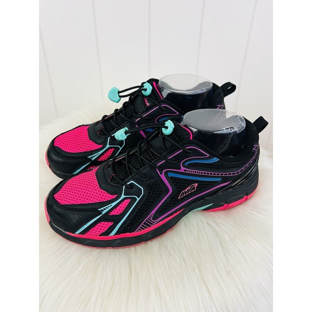Avia Colorful Running Shoes Bungee Lace Black Pink Teal Sneakers Womens Size 6